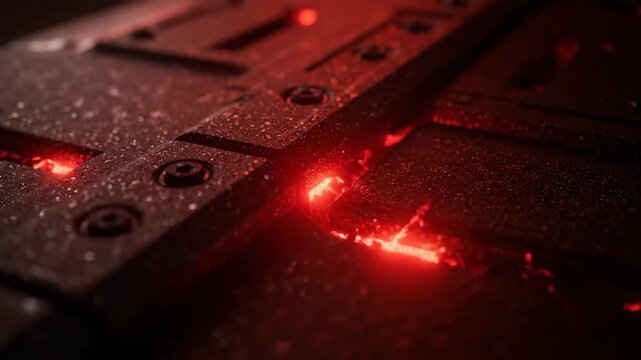 Dark textured metal surface with screws and subtle speckled pattern.