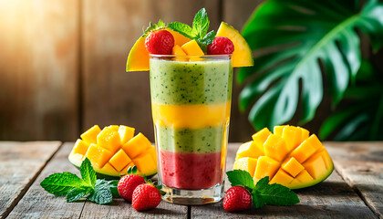 Layered fruit smoothie with mango, strawberry, and mint garnish. Summer healthy drink concept for fresh beverages and tropical recipes.