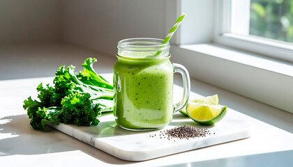 Fresh green smoothie in glass jar with kale, lime, and chia seeds on marble board. Healthy detox snack for diet and healthy lifestyle.