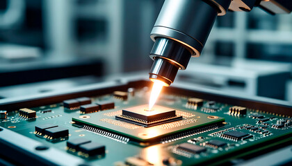 Laser beam on central processing unit microchip on a circuit board, symbol of modern technology development and manufacture.