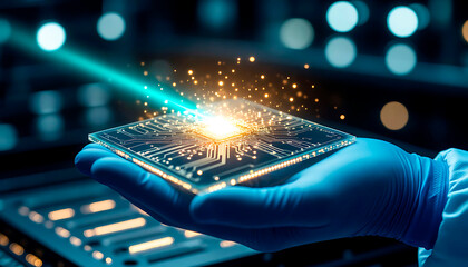 Hand in blue glove holding a glowing circuit board with data stream. Concept of innovative technology, digital processing, and artificial intelligence in modern computing.
