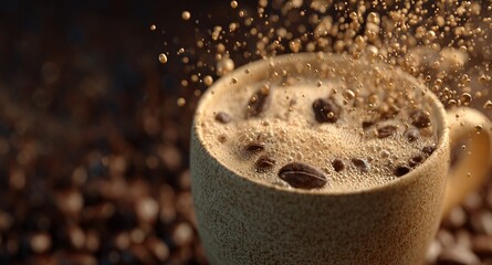 Coffee Cup: Capturing the exquisite aroma of freshly brewed coffee, a textured ceramic cup is filled with rich, frothy coffee, surrounded by scattered coffee beans, perfect for a cozy moment.