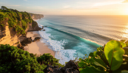 Holiday, Photorealistic view from an infinity pool at a Bali cliffside resort in Uluwatu