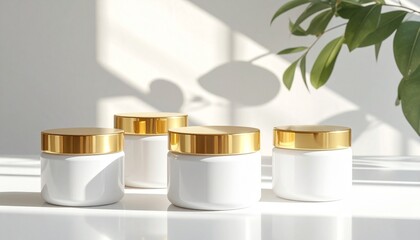 Blank white jars with golden lids on a white surface with natural light and shadows 
