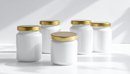 Blank white jars with golden lids on a white surface with natural light and shadows 