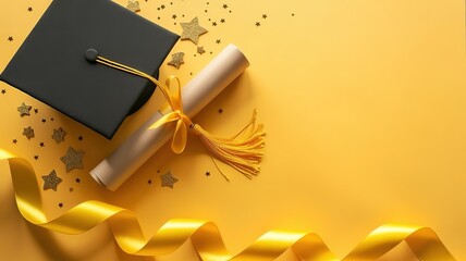 Elegant Graduation Cap and Diploma on Yellow Background with Shiny Stars and Golden Ribbon, Perfect for Celebrating Academic Achievement and Commencement Ceremony Announcements