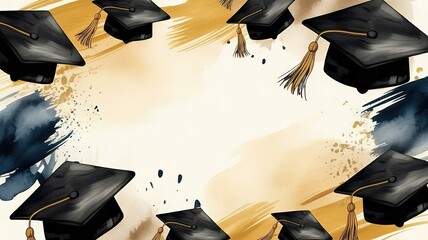 Elegant Graduation Cap Illustration with Dynamic Ink Splashes and Gold Accents Perfect for Celebratory Invitations and Commencement Announcements