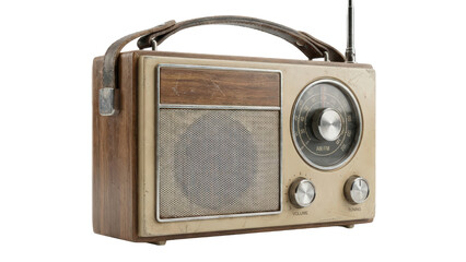 Vintage retro radio receiver with classic wooden detail and analog dial for nostalgic audio listening isolated