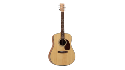 Elegantly crafted wooden acoustic guitar standing perfectly upright isolated on black for music and performance