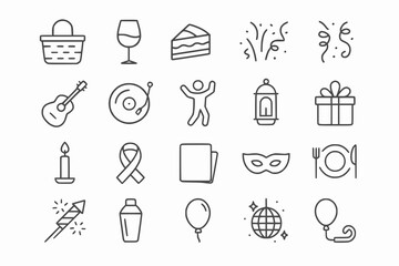 Fototapeta premium Set of linear line art icons for gatherings and celebrations with party and festive elements