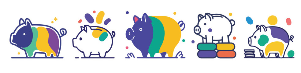 Collection of minimalist cartoon piggy bank icons in various styles representing savings and finance