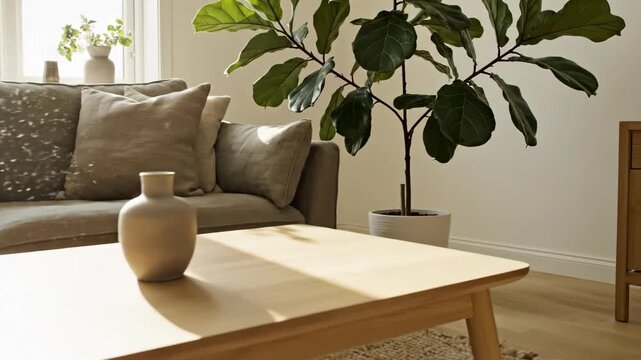 Cozy Living Room Interior with Sofa, Coffee Table, and Fiddle Leaf Fig Plant in Natural Light.
