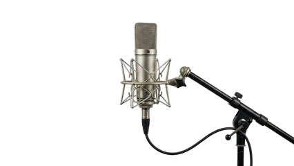 Professional studio condenser microphone setup on a stand ideal for high-quality audio recording production podcasting