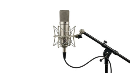 Professional studio condenser microphone setup on a stand ideal for high-quality audio recording production podcasting