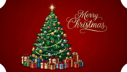 Naklejka premium Illustration of Christmas tree decorated with ornaments and gifts under tree on red background