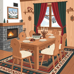Cozy mountain cabin interior with wooden dining table and festive holiday decor