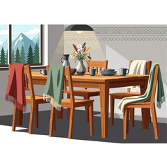 Cozy mountain cabin dining area with wooden table and scenic window view