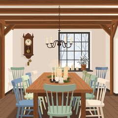 Cozy rustic dining room with wooden beams and a large window overlooking nature