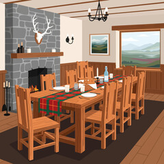 Cozy rustic dining room with wooden furniture and mountain landscape view