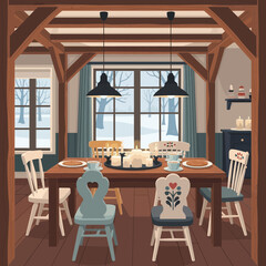 Cozy rustic dining room with wooden beams and large windows showcasing a winter landscape