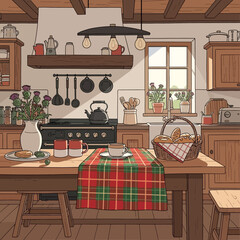 Cozy rustic kitchen interior with wooden cupboards and a dining table set for a meal