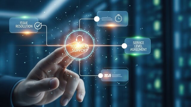 Hand connecting support ticket interface symbolizing help desk automation, issue resolution, service level agreement, and technical support