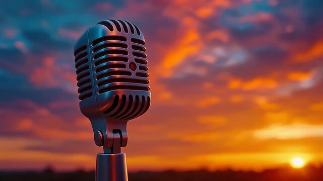 A close-up of a vintage microphone against a vibrant sunset background, symbolizing music