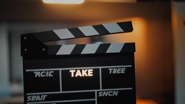 A cinematic clapperboard with the word -TAKE- illuminated, set against a blurred background,