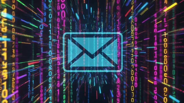 A digital representation of an envelope icon amidst a backdrop of colorful data streams, sym.