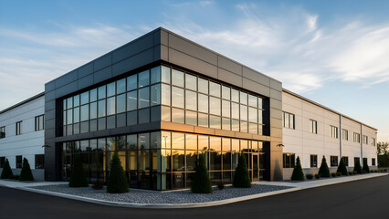 Modern glass office building exterior architecture in the city at sunset