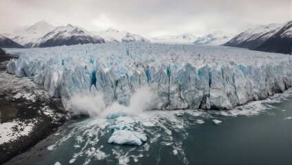 Obraz premium Massive Glacier Calving into Icy Lake with Snow-Capped Mountains in Background.