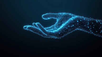 Digital hand reaching out with glowing particles, futuristic concept.