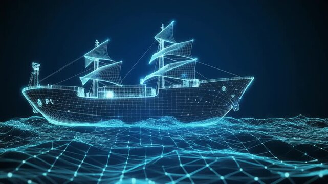A digital representation of a ship navigating through stylized waves, showcasing a blend of 
