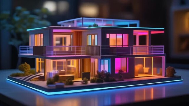 A modern, illuminated model house showcases interior rooms and structural details with vibra.