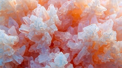 Abstract macro closeup of white ice crystals on the window forming a rough mineral texture resembling crumpled paper or quartz stone isolated on a frozen surface