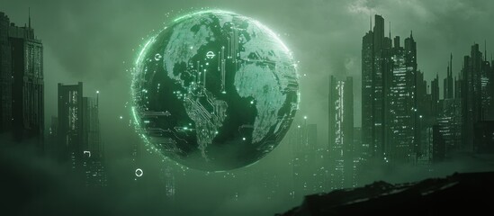 Obraz premium Futuristic city, glowing Earth, digital data, dystopian background, concept art