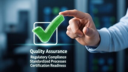 Hand guiding approval checkmark symbolizing quality assurance, regulatory compliance, standardized processes, and certification readiness