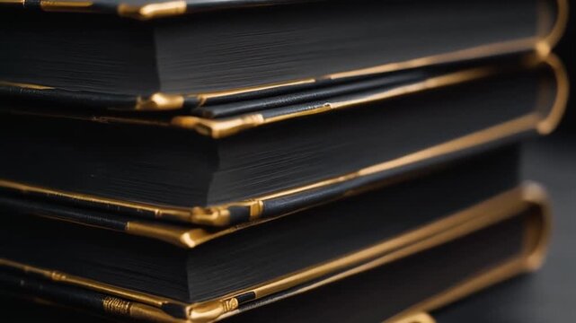 A close-up view of stacked books with dark covers and gilded edges, suggesting a sense