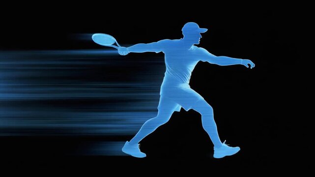 A dynamic blue silhouette of a tennis player in motion, showcasing speed and agility against.