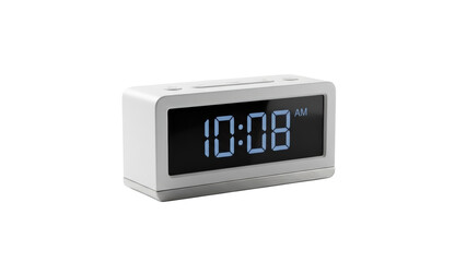 White digital alarm clock displaying 10:08 AM representing punctuality morning routine modern technology isolated on transparent background