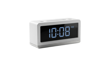 White digital alarm clock displaying 10:08 AM representing punctuality morning routine modern technology isolated on transparent background