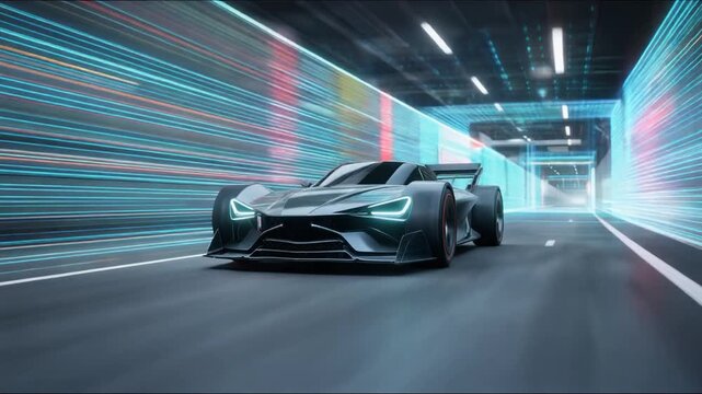 A futuristic race car speeds through a high-tech environment, showcasing motion blur