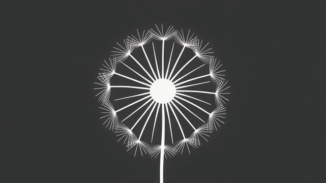 Minimalist white line art animation of a dandelion seed head on a dark background, representing wishes.