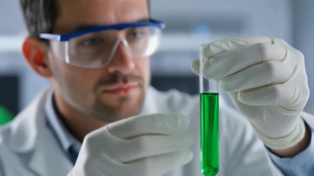 A laboratory technician examines a test tube filled with vibrant green liquid, showcasing