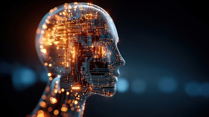 A futuristic digital representation of a human head composed of circuit patterns and glowing lights, symbolizing technology and artificial intelligence.