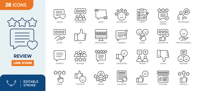 Review line editable icon set. Editable stroke. Vector illustration