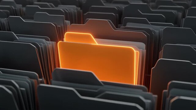 A glowing orange folder stands out among a sea of dark, stacked files, symbolizing organizat.