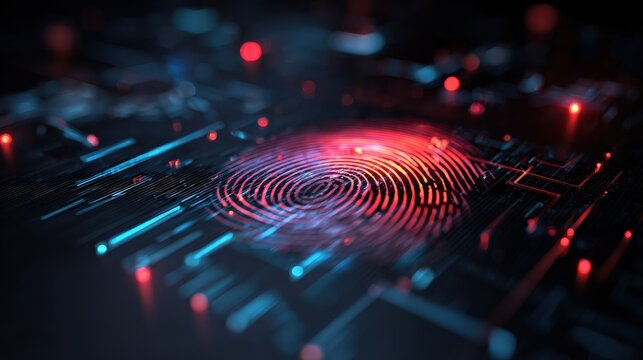 A futuristic digital representation of a fingerprint surrounded by glowing circuits and lights, symbolizing technology and security.
