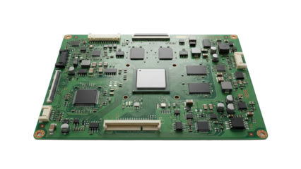 Green electronic circuit board with chips and components symbolizing modern digital technology isolated on transparent background