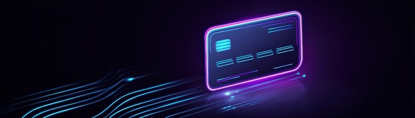 A digital credit card design with glowing edges, set against a dark background, suggesting speed and modern technology.